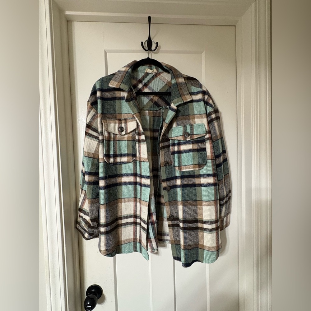 Altar’d State Plaid Shacket Jacket in Turquoise, Brown, and Cream